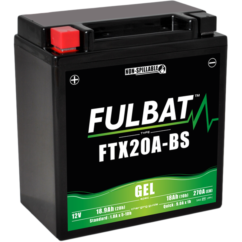 Fulbat battery  FTX20A-BS GEL  12Volt  Capacity:18Ah  CCA:270Amp  L:150 W:87 H:161   P/N:550994  Polarity: + / -