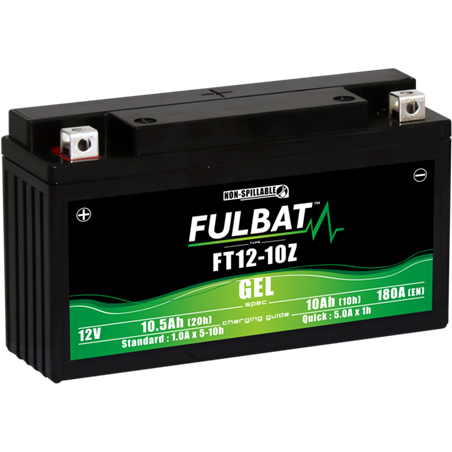 Fulbat battery  FT12-10Z GEL  12Volt  Capacity:10Ah  CCA:180Amp  L:194 W:59 H:112   P/N:550999  Polarity: + / -