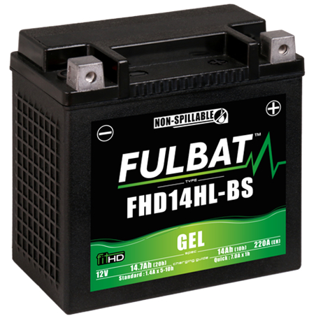 Fulbat battery  FHD14HL-BS GEL (Harley.D)  12Volt  Capacity:14Ah  CCA:220Amp  L:150 W:87 H:145   P/N:550880  Polarity: - / +