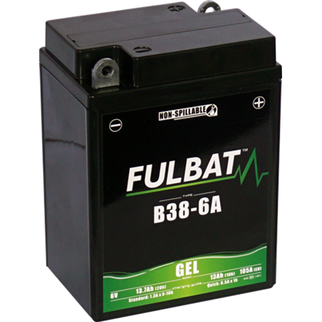 Fulbat battery  B38-6A GEL  6Volt  Capacity:13Ah  CCA:105Amp  L:119 W:83 H:161   P/N:550962  Polarity: - / +