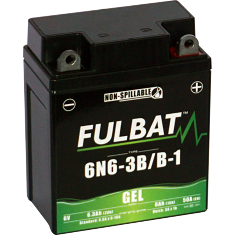 Fulbat battery  6N6-3B/B-1 GEL  6Volt  Capacity:6Ah  CCA:50Amp  L:95 W:55 H:117   P/N:550960  Polarity: - / +