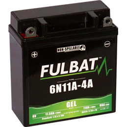 Fulbat battery  6N11A-4A GEL  6Volt  Capacity:11Ah  CCA:90Amp  L:121 W:58 H:130   P/N:550958  Polarity: + / -