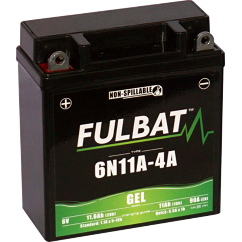 Fulbat battery  6N11A-4A GEL  6Volt  Capacity:11Ah  CCA:90Amp  L:121 W:58 H:130   P/N:550958  Polarity: + / -