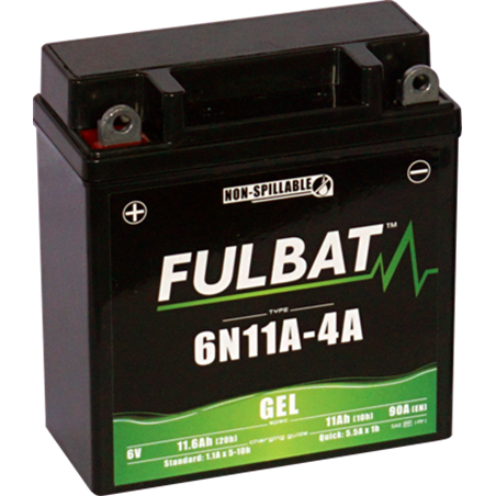 Fulbat battery  6N11A-4A GEL  6Volt  Capacity:11Ah  CCA:90Amp  L:121 W:58 H:130   P/N:550958  Polarity: + / -