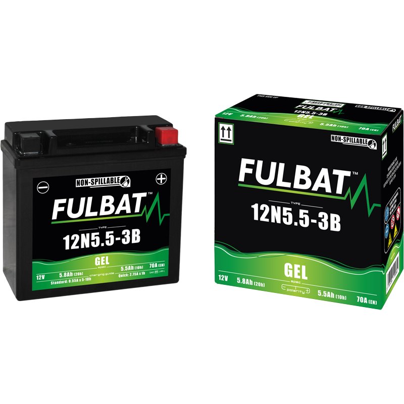 Fulbat battery  12N5.5-3B GEL  12Volt  Capacity:5.5Ah  CCA:70Amp  L:135 W:60 H:130   P/N:550980  Polarity: - / +